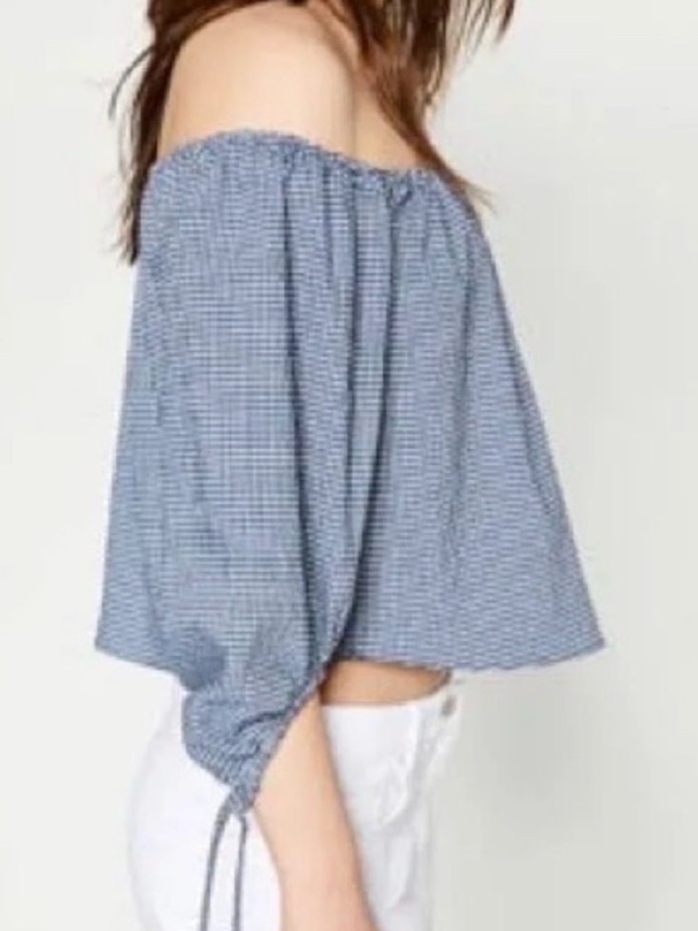 Zara Navy Blue Gingham Off Shoulder Boho Campus Peasant Crop Top Size L